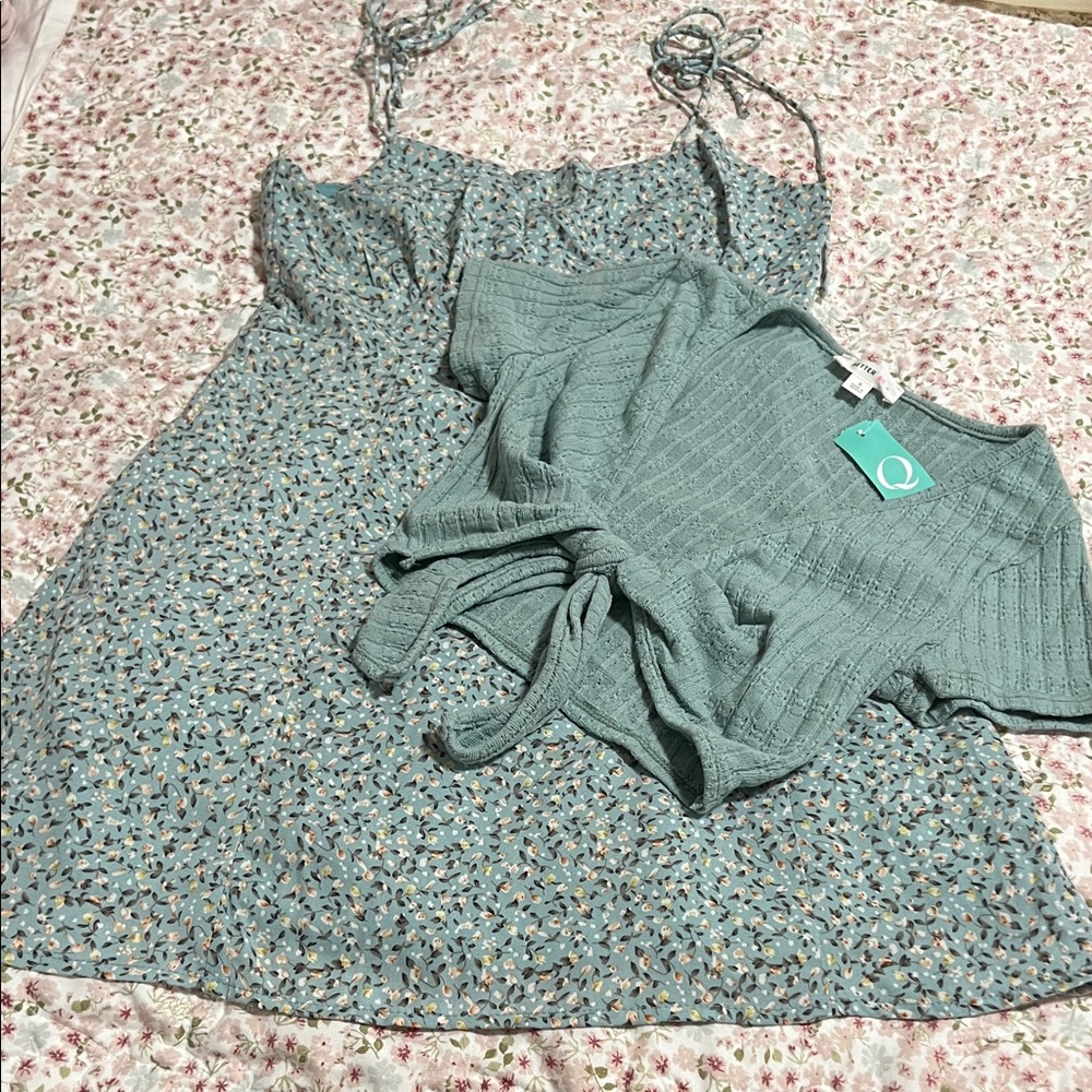 Blush Mini Floral-Print Dress in Light Green and Cream & Matching Cardigan Set